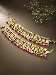 Peora Set of 2 Gold Plated & Magenta Kundan Pearl Anklets