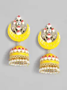 Peora Gold-Toned & Yellow Dome Shaped Meenakari Jhumka Earrings