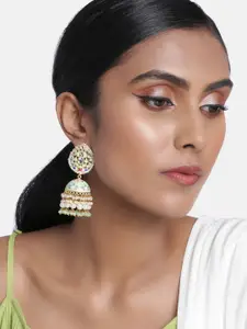 Peora Gold-Toned & Sea Green Dome Shaped Meenakari Jhumka Earrings