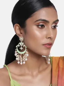 Peora Gold-Toned & Sea Green Crescent Shaped Meenakari Chandbali Earrings