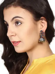 Rubans Silver-Toned Multicolored Peacock Shaped Jhumkas Earrings