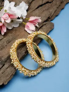 Ruby Raang Set of 2 Gold-Plated & Faux Pearl-Studded Bangles