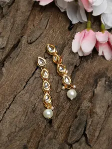 Ruby Raang Gold-Toned Kundan Studded & Pearl Beaded Contemporary Drop Earrings