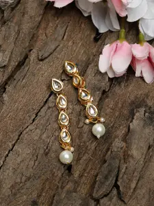 Ruby Raang Gold-Toned Kundan Studded & Pearl Beaded Contemporary Drop Earrings