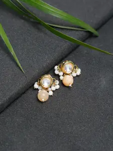 Ruby Raang Gold-Toned & Peach Pearl & Kundan Studded Contemporary Studs Earrings
