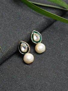 Ruby Raang Gold-Toned & White Pearl Teardrop Shaped Studs Earrings