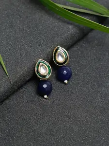 Ruby Raang Gold-Toned Blue Beaded & Kundan Studded Contemporary Drop Earrings