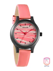 Sonata Women Pink Printed Dial & Pink Leather Strap Analogue Watch