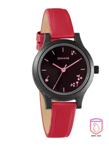 Sonata Women Black Dial & Red Leather Straps Analogue Watch 87030PL06W