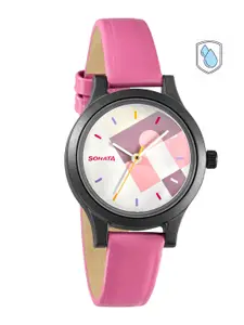 Sonata Women White Printed Dial & Pink Leather Straps Analogue Watch