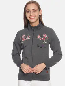Campus Sutra Women Charcoal Embroidered Sweatshirt