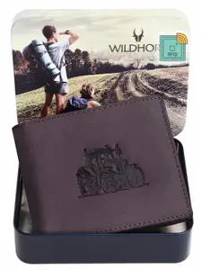 WildHorn Men Brown Graphic Printed Leather Two Fold Wallet with RFID