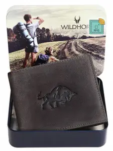 WildHorn Men Grey & Black Graphic Printed Leather Two Fold Wallet with RFID
