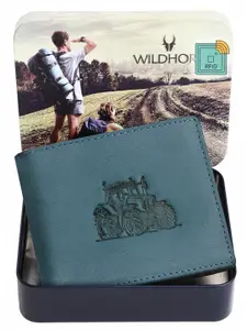WildHorn Men Teal Graphic Printed Leather Two Fold Wallet with RFID