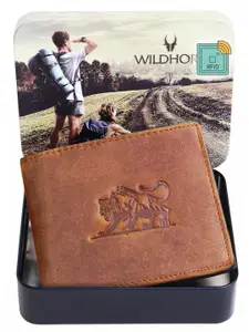 WildHorn Men Tan Self Design RFID Leather Two Fold Wallet