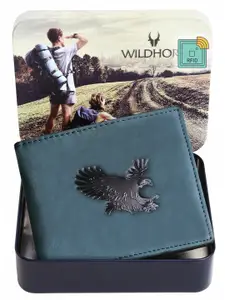 WildHorn Men Blue & Black  Self Design RFID Leather Two Fold Wallet