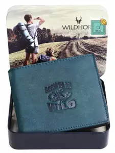 WildHorn Men Blue Printed Leather Two Fold Wallet with RFID