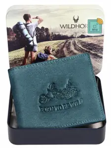 WildHorn Men Blue Self Design  RFID Leather Two Fold Wallet