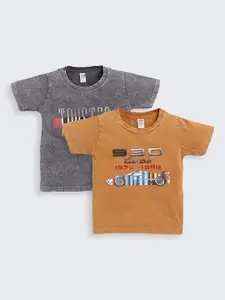 Nottie Planet Boys Pack Of 2 Grey & Brown Typography Printed T-shirt