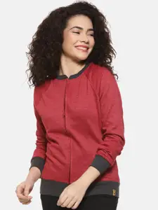 Campus Sutra Women Maroon and Charcoal Grey Solid Long Sleeves Casual Sweatshirt