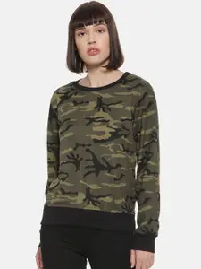 Campus Sutra Women Olive Green and Black Camouflage Printed Sweatshirt
