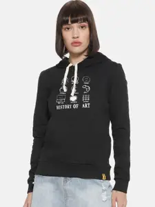 Campus Sutra Women Black Printed Hooded Sweatshirt