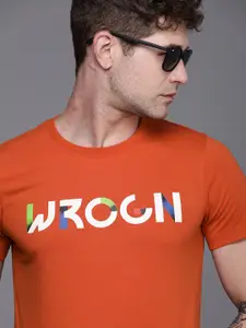 WROGN Men Orange & White Typography Printed Slim Fit T-shirt