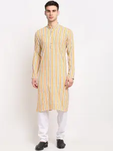 Jompers Men Yellow & White Pure Cotton Vertical Striped Straight Kurta