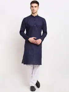 Jompers Men Navy Blue Embroidered Cotton Kurta