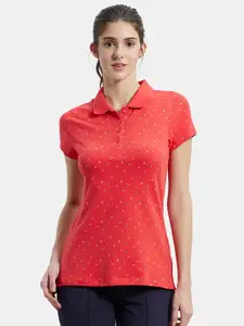 Jockey Women Red Printed Polo Collar T-shirt
