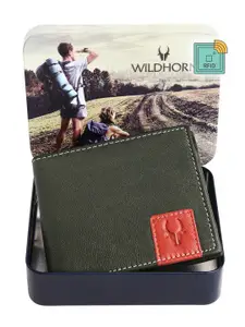 WildHorn Men Green & Red Solid Leather Two Fold Wallet with RFID