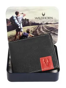 WildHorn Men Black & Red Textured RFID Leather Two Fold Wallet