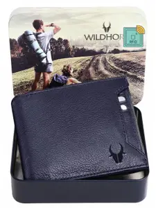 WildHorn Men Blue Solid Leather Two Fold Wallet with RFID