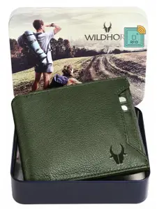 WildHorn Men Olive Green Solid Leather Two Fold Wallet with RFID
