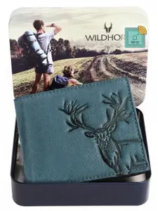 WildHorn Men Blue & Black Textured RFID Leather Two Fold Wallet