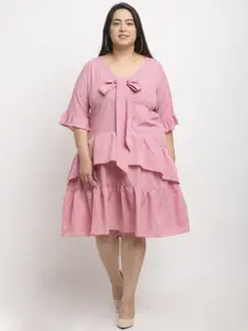 Flambeur Pink Tie-Up Neck Layered Crepe A-Line Dress