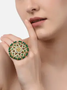 Zaveri Pearls Gold-Plated & Green Kundan-Studded Goddess Laxmi Adjustable Finger Ring
