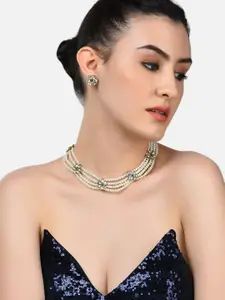 Zaveri Pearls Green & Gold Tone Kundan Flowers Multistrand Pearls Necklace & Earring Set