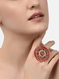 Zaveri Pearls Gold-Plated Pink & White Stone-Studded Adjustable Finger Ring