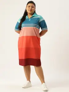 Amydus Plus Size Blue & Red Colourblocked Polo Dress