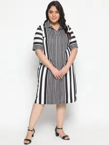 Amydus Women Plus Size Black and White Striped Shirt Midi Dress