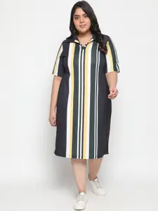 Amydus Women Plus Size Navy Blue Striped Midi A-Line Dress