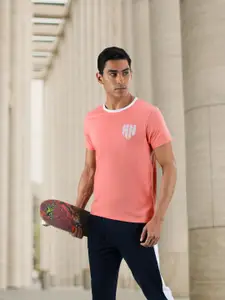 HERE&NOW HERENOW Men Pink Solid Printed Detail Pure Cotton T-shirt