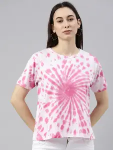 JUNEBERRY Women White & Pink Tie and Dye T-shirt