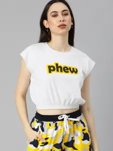 JUNEBERRY Women White & Yellow Extended Sleeves Crop Pure Cotton T-shirt