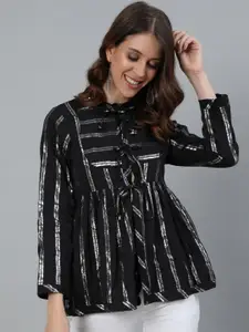 Ishin Black & Silver-Toned Striped Shimmer Tie-Up Neck Monochrome A-Line Top