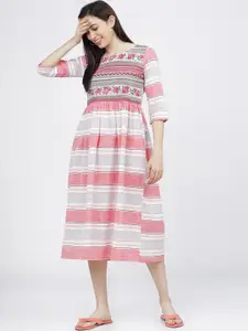 Vishudh Women Cream-Coloured Striped Fit & Flare Midi Dress