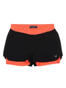 Allen Solly Junior Girls Black & Orange Colourblocked Mid-Rise Regular Shorts