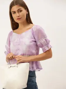 AND Women Lavender & White Tie and Dye Peplum Top