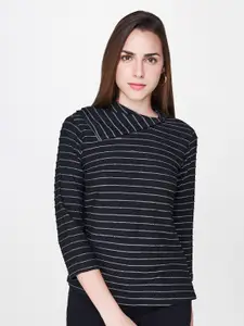 AND Black & Silver-Toned Stylized Neck Striped Top